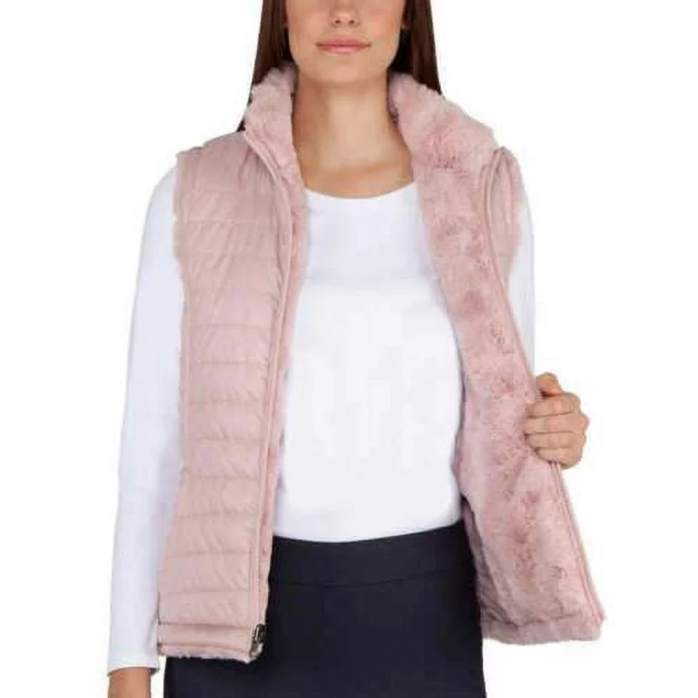 New Nicole Miller Reversible Quilted Faux Fur Vest Pink Size M